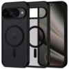 Czarne, matowe etui TECH-PROTECT MagMat MagSafe do Google Pixel 10 / 10 Pro jest przedstawione w trzech ujęciach: z przodu, z tyłu i z boku, z widocznym okrągłym wzorem na środku. Na etui znajduje się logo "TECH-PROTECT".