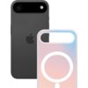 Na zdjęciu widoczny jest czarny telefon z logo jabłka oraz przezroczyste etui z gradientem w kolorach tęczy i białym okręgiem. Etui jest dopasowane do telefonu, a jego górna część ma wycięcie na aparat.