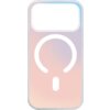 Przezroczyste etui na telefon z gradientowym wzorem w odcieniach różu i fioletu, posiada białe oznaczenia w kształcie okręgu i prostokąta. Na górze znajduje się duży, prostokątny otwór na aparat.