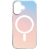 Przezroczyste etui na telefon z gradientowym tłem w odcieniach niebieskiego i różowego, z białym okręgiem i pionową kreską na środku. W górnej części znajduje się wycięcie na aparat.