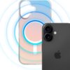 Przezroczyste etui na telefon z wielokolorowym gradientem i okrągłym wzorem na środku, obok widoczny jest tył ciemnego smartfona z dwoma obiektywami aparatu i logo w kształcie jabłka. W tle widoczne są niebieskie, koncentryczne kręgi.