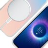 Na zdjęciu widoczne jest etui na telefon z gradientowym, wielokolorowym tłem oraz telefon z wyświetlaczem pokazującym 38% naładowania i napis "Charging". Obok znajduje się okrągły element przypominający ładowarkę bezprzewodową.