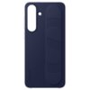Ciemnoniebieskie etui na telefon z pionowym uchwytem i otworem na aparat oraz logo "SAMSUNG" w dolnej części. Produkt ma gładką powierzchnię z delikatnym wzorem na uchwycie.