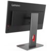 Czarny monitor z logo "Lenovo" na tylnej obudowie, zamontowany na szarej podstawie z czerwonym akcentem. Na obudowie widoczne są przyciski oraz otwory wentylacyjne.