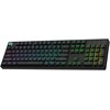 Czarna klawiatura mechaniczna z podświetleniem RGB, z widocznymi klawiszami numerycznymi oraz literowymi. Klawisze mają różnokolorowe podświetlenie, w tym fioletowe, zielone i żółte.