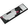 Czarno-biało-czerwona klawiatura mechaniczna z klawiszami w układzie QWERTY, posiadająca czerwone klawisze "esc" i "enter". Na klawiaturze widoczne są również klawisze funkcyjne oraz numeryczne, a na jednym z klawiszy znajduje się napis "backspace".