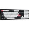Czarno-biało-czerwona klawiatura mechaniczna z układem QWERTY, posiadająca klawisze funkcyjne od F1 do F12 oraz klawisze numeryczne. Klawisze "esc" i "enter" są czerwone, a reszta klawiszy jest w kolorach białym i czarnym.