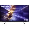 Telewizor z wyświetlaczem prezentującym abstrakcyjny obraz w odcieniach fioletu i złota. Na ekranie widoczne są napisy "SAMSUNG" oraz "OLED".