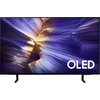 Telewizor z wyświetlaczem prezentującym abstrakcyjny obraz w odcieniach fioletu i złota, z widocznym napisem "OLED" w dolnym rogu. Produkt posiada cienką ramkę i stoi na dwóch nóżkach.