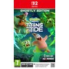Okładka gry "SpongeBob SquarePants: Titans of The Tide Ghostly Edition" na Nintendo Switch, przedstawia postacie z kreskówki na tle zielonych chmur i błyskawic, z logotypami "Purple Lamp" i "THQ Nordic" oraz oznaczeniem wiekowym 7+. Na dole znajduje się i