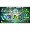 Na zdjęciu znajduje się grafika promująca grę "SpongeBob SquarePants: Titans of The Tide Ghostly Edition" na platformy PC, PlayStation 5, Xbox Series X oraz Nintendo Switch, z widocznymi elementami zestawu: brelokiem w kształcie złotej łopatki, pięcioma p