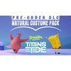 Na obrazku widnieje napis "PRE-ORDER DLC NATURAL COSTUME PACK" oraz logo "SpongeBob SquarePants Titans of the Tide". W tle znajdują się postacie z kreskówki na niebieskim tle.