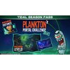 Na ilustracji widnieje napis "Tidal Season Pass" oraz "Plankton's Portal Challenge DLC" z dodatkowymi hasłami "More Costumes!" i "More Levels!". Obok znajduje się postać z kreskówki oraz dwa obrazki przedstawiające sceny z gry.