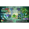 Na zdjęciu znajduje się okładka gry "Spongebob Squarepants: Titans of The Tide Ghostly Edition" na Xbox Series X, wraz z dodatkowymi elementami, takimi jak brelok w kształcie złotej łopatki, pięć soczewkowych pocztówek, naszywka "Latający Holender", steel
