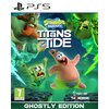 Okładka gry "SpongeBob SquarePants: Titans of the Tide Ghostly Edition" na PS5 przedstawia postacie z kreskówki na tle zielonych chmur i błyskawic, z logotypami Purple Lamp i THQ Nordic oraz oznaczeniem wiekowym 7. Na dole widnieje napis "GHOSTLY EDITION"