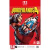 Okładka gry "Borderlands 4" na konsolę Nintendo Switch przedstawia postać w masce z niebieskimi i czerwonymi elementami na czerwonym tle. Na dole widnieje informacja o ograniczeniu wiekowym 18+, logo Gearbox i 2K, oraz tekst: "40 GB - Full game download v