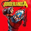 Okładka gry "Borderlands 4" na konsolę Nintendo Switch, przedstawiająca postać w masce z czerwonymi oczami na tle intensywnie czerwonego nieba. Na górze widoczny jest tytuł gry w żółtym kolorze.