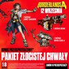 Na czerwonym tle znajduje się grafika promująca grę "Borderlands 4" z datą premiery "12 września" oraz informacją o "Bonusie Przedsprzedażowym: Pakiet Złocistej Chwały", zawierającym "1 skórkę łowcy skarbów", "1 skórkę broni" i "1 skórkę drona Echo-4". W 