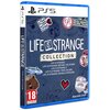 Okładka gry "Life Is Strange Collection Edition" na PS5 z niebieskim tłem, ozdobiona różnymi naklejkami i logo, zawiera tytuły gier: "Life Is Strange", "Life Is Strange: Before the Storm", "Life Is Strange 2", "Life Is Strange: True Colors", "Life Is Stra