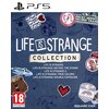 Okładka gry "Life Is Strange Collection Edition Gra PS5" z logo PS5 na górze, zawiera różne naklejki i napisy, takie jak "LIFE IS STRANGE", "COLLECTION", oraz tytuły gier z serii. W prawym dolnym rogu znajduje się logo "SQUARE ENIX", a w lewym dolnym rogu