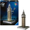 Pudełko z puzzlami 3D przedstawia model Big Bena z efektem LED, z widocznymi elementami układanki unoszącymi się obok. Na opakowaniu znajduje się napis "3D Puzzle Iconics", "LED", "Big Ben" oraz logo "Ravensburger".