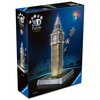 Opakowanie przedstawia model 3D wieży Big Ben z puzzli, z elementami unoszącymi się wokół. Na opakowaniu widnieje napis "3D Puzzle Iconics" oraz logo "Ravensburger", a także oznaczenie "LED".