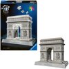 Pudełko z puzzlami 3D przedstawia model Łuku Triumfalnego z napisem "ARC DE TRIOMPHE DE L'ÉTOILE" oraz logo "Ravensburger". Na opakowaniu widoczne są elementy puzzli oraz oznaczenie LED.