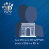Na niebieskim tle znajduje się grafika przedstawiająca sylwetki dwóch postaci oraz kontur Łuku Triumfalnego. W lewym górnym rogu widnieje napis "3D Puzzle Iconics", a poniżej podane są wymiary: "17,0 cm x 27,0 cm x 23,9 cm" oraz "6¾ in x 10⅝ in x 9⅞ in".