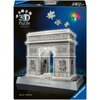 Pudełko przedstawia model 3D Łuku Triumfalnego z puzzli, z widocznymi elementami do złożenia oraz oznaczeniem LED. Na dole znajduje się napis "ARC DE TRIOMPHE DE L'ÉTOILE" oraz logo "Ravensburger".