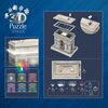 Na zdjęciu znajduje się instrukcja montażu i funkcji oświetlenia LED dla modelu 3D Łuku Triumfalnego z puzzli, z widocznymi różnymi kolorami podświetlenia oraz schematem montażu. W lewym górnym rogu widnieje napis "3D Puzzle Iconics", a poniżej znajduje s