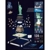 Obraz przedstawia zestaw do składania puzzli 3D "Statua Wolności" z 128 elementami, z widocznymi poszczególnymi częściami i instrukcją montażu. Na zdjęciu znajdują się napisy: "High quality plastic pieces", "EASYCLICK TECHNOLOGY", "128 PIECES", "8-99 YEAR