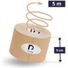 Beżowa taśma kinezjologiczna o wymiarach 5 cm x 5 m z logo "DrTape" na białym tle. Obok taśmy widoczne są oznaczenia długości i szerokości, a nad nią znajduje się spiralna strzałka.