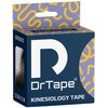 Opakowanie taśmy kinezjologicznej DrTape w kolorach fioletowym i żółtym z napisem "DrTape Kinesiology Tape" oraz "5 CM X 5 M". Na górze opakowania widoczny jest wzór w żółte zawijasy na fioletowym tle oraz napis "DOODLES".