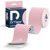 Różowa taśma kinezjologiczna o wymiarach 5 cm x 5 m jest rozwinięta obok opakowania z napisem "DrTape KINESIO LIGHT PINK 5 CM X 5 M". Na wewnętrznej stronie taśmy widoczny jest wzór w kratkę oraz logo "DrTape".