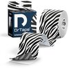 Opakowanie i rolka taśmy kinezjologicznej z wzorem w czarno-białe paski przypominające zebrę, z widocznym logo "DrTape" oraz napisem "KINESIOLOGY TAPE". Na opakowaniu znajduje się również napis "ZEBRA" oraz wymiary "5 CM x 5 M".