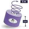Fioletowa taśma kinezjologiczna o wymiarach 5 cm x 5 m, z widocznym logo "DrTape" na białym tle. Obok taśmy znajdują się oznaczenia długości i szerokości, a nad nią strzałka wskazująca kierunek rozwijania.