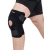 Czarny stabilizator kolana z otworem na rzepkę, z widocznym napisem "DrFit" na górnej części. Produkt jest założony na nodze ubranej w czarne spodenki.