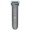 Na zdjęciu widoczny jest szary trymer z turkusowymi elementami na górze, z przyciskiem zasilania na środku. Na obudowie znajduje się napis: "PHILIPS Body Groomer Wet & Dry".