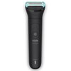 Czarny trymer z turkusowymi akcentami na górze, z widocznym przyciskiem zasilania na środku. Na obudowie znajduje się napis "PHILIPS Body Groomer" oraz "Wet & Dry".