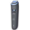 Na zdjęciu widoczny jest trymer do brody w kolorze szarym z niebieskimi elementami, z logo "PHILIPS" oraz napisami "Beard Trimmer" i "Wet & Dry". Na urządzeniu znajduje się pokrętło z oznaczeniami długości 1,5 i 1.