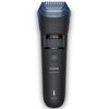 Czarny trymer z niebieską nasadką, z widocznym wyświetlaczem pokazującym ustawienia długości od 0,4 do 10 mm. Na obudowie znajduje się logo "PHILIPS", napis "Beard Trimmer" oraz oznaczenie "Wet & Dry".