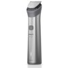 Srebrny trymer z czarnymi elementami na górze, z widocznym przyciskiem zasilania i napisem "PHILIPS All-in-One" oraz "Wet & Dry". Produkt ma smukły, nowoczesny design.