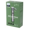 Zielone opakowanie trymera z serii 5000 marki PHILIPS z napisem "All-in-One 10 in 1 trimmer" oraz grafiką przedstawiającą trymer. Na opakowaniu znajdują się również ikony i teksty informujące o funkcjach, takich jak "Self-sharpening blades", "13 Length se