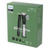 Zielone opakowanie trymera z serii 9000 marki Philips, z widocznymi dwoma trymerami oraz napisami: "All-in-One 17 in 1 trimmer", "Made from Stainless steel", "27 Length settings", "120 min runtime". Na opakowaniu znajdują się również ikony przedstawiające