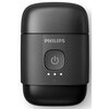 Czarna golarka z logo "PHILIPS" na górze, posiada centralnie umieszczony przycisk zasilania oraz trzy małe diody poniżej. Obudowa ma teksturowaną powierzchnię z ukośnymi liniami.