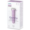 Opakowanie golarki w kolorze fioletowym z widocznym logo "PHILIPS" oraz napisem "Lady Shaver 6000". Na opakowaniu znajdują się również napisy: "Gentle Kind to your skin, even on sensitive areas", "1 accessory", "Trimming comb", a także ilustracje nóg i pa