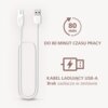 Białe tło z białym kablem USB-A oraz tekstem: "80 min", "DO 80 MINUT CZASU PRACY", "KABEL ŁADUJĄCY USB-A", "Brak zasilacza w zestawie".