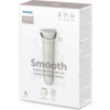 Opakowanie golarki marki Philips z serii Lady Shaver 8000, z widocznym zdjęciem urządzenia oraz napisami: "Smooth Close shave, even on hard-to-reach areas" i "4 accessories". Na opakowaniu znajdują się również ikony przedstawiające nogi, pachy i bikini or