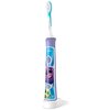 Na zdjęciu widoczna jest fioletowa szczoteczka soniczna z kolorowymi postaciami na uchwycie, umieszczona na białej podstawce. Na uchwycie znajduje się logo "Philips Sonicare".