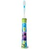 Szczoteczka soniczna dla dzieci z kolorowym uchwytem, na którym znajdują się rysunki uśmiechniętych postaci oraz logo "PHILIPS Sonicare". Szczoteczka ma zielony przycisk z symbolem włączania i niebieską główkę z białymi włosiami.